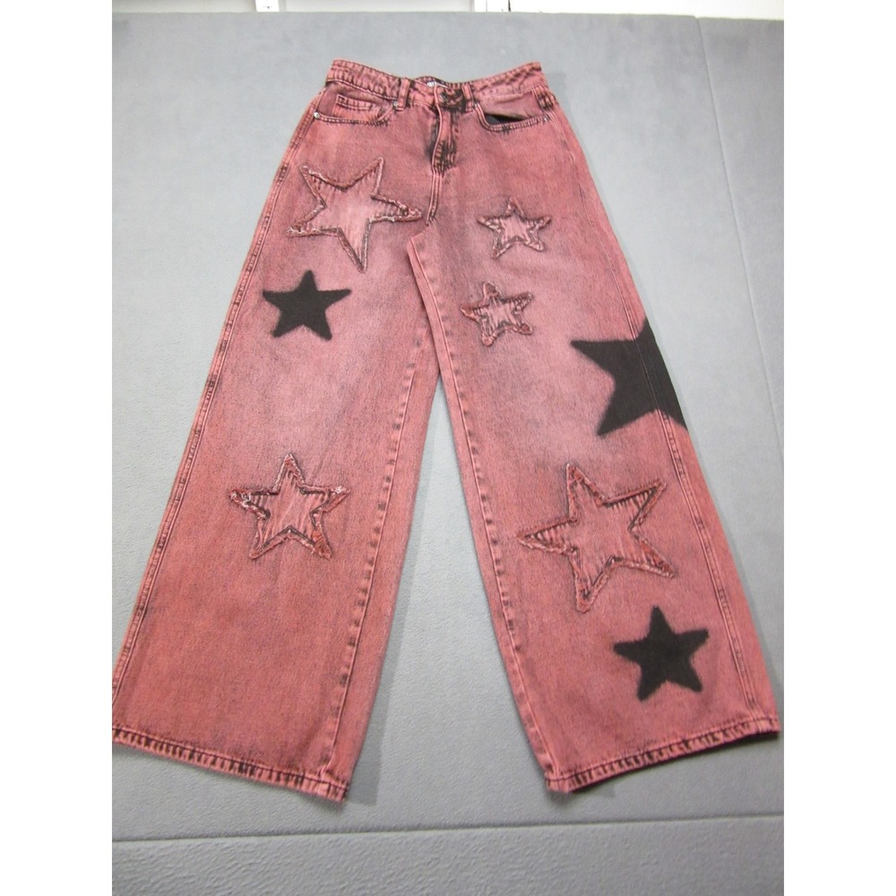 Hot Topic Wide Leg Jeans Womens 7 Pink Black Star Acid Wash Baggy EDM Extra Wide